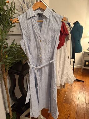 Button-Front Sleeveless Shirt Dress - Light Blue Stripe
